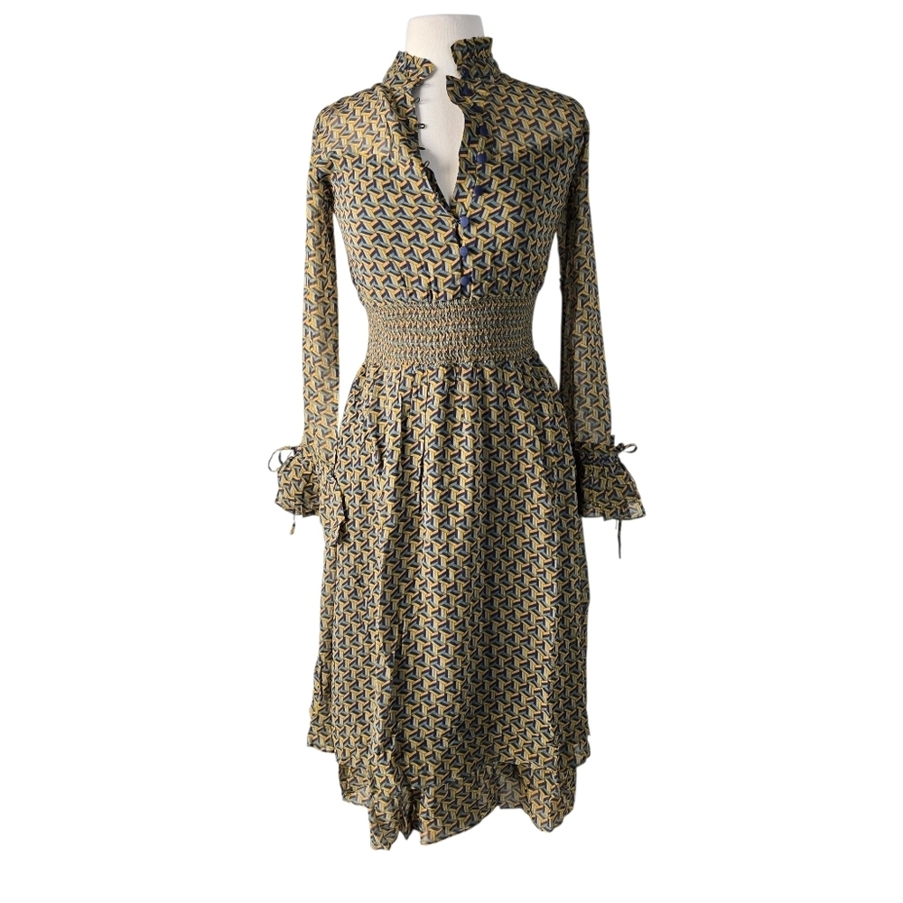 Anthropologie Rinku Long Sleeve High Neck Tiered Midi Dress Geometric Print S